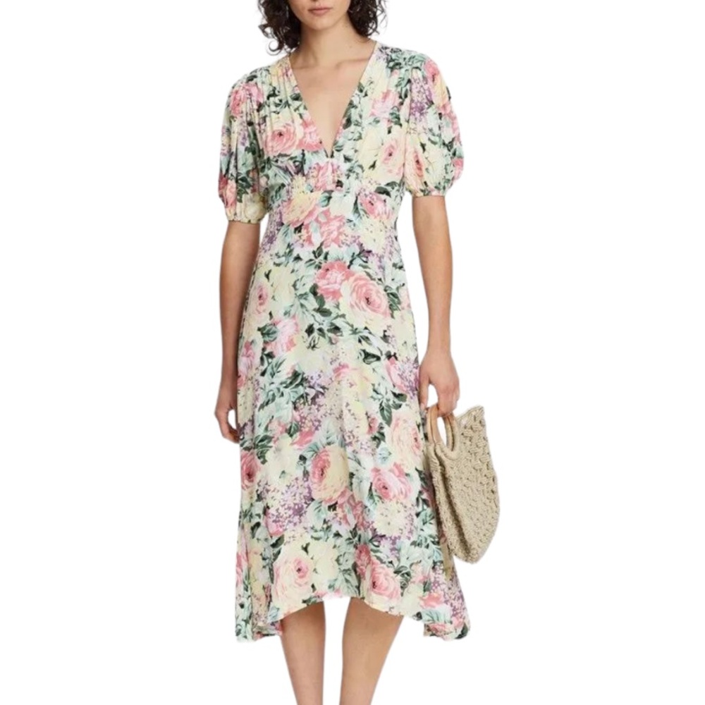 Faithfull the Brand Floral V-Neck Midi Dress in Cream and Pink